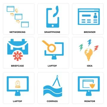 Set Of 9 simple editable icons such as Monitor, Compass, Laptop 無料イラスト素材