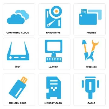 Set Of 9 simple editable icons such as Cable, Memory card, Memory card Free Stock Illustration