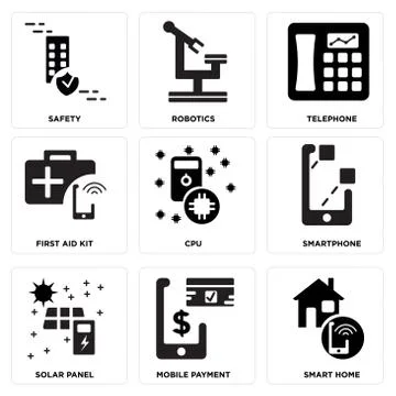 Set Of 9 simple editable icons such as Smart home, Mobile payment, Solar pane Free Stock Illustration