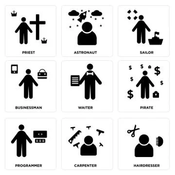 Set Of 9 simple editable icons such as Hairdresser, Carpenter, Programmer 무료 스톡 일러스트