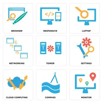 Set Of 9 simple editable icons such as Monitor, Compass, Cloud computing Free Stock Illustration