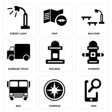 Set Of 9 simple editable icons such as Map, Compass, Bus 無料イラスト素材