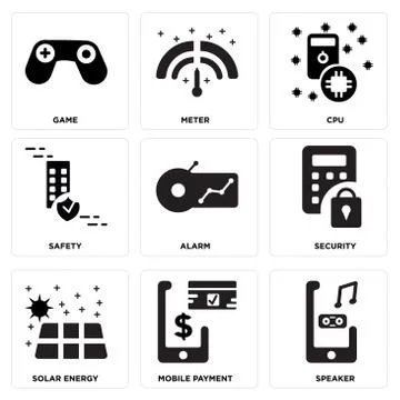 Set Of 9 simple editable icons such as Speaker, Mobile payment, Solar energy Gratis stockillustratie