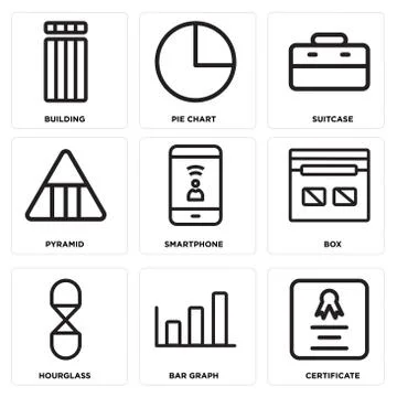 Set Of 9 simple editable icons such as Certificate, Bar graph, Hourglass Free Stock Illustration