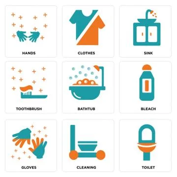 Set Of 9 simple editable icons such as Toilet, Cleaning, Gloves Free Stock Illustration