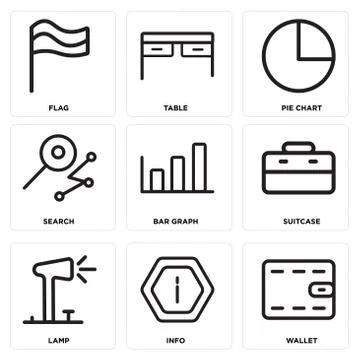 Set Of 9 simple editable icons such as Wallet, Info, Lamp Free Stock Illustration