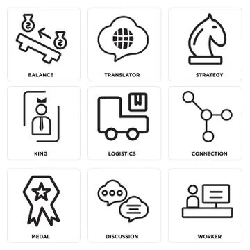 Set Of 9 simple editable icons such as Worker, Discussion, Medal Free Stock Illustration