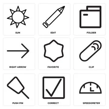 Set Of 9 simple editable icons such as Speedometer, Correct, Push pin Free Stock Illustration