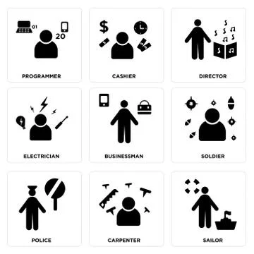 Set Of 9 simple editable icons such as Sailor, Carpenter, Police Free Stock Illustration