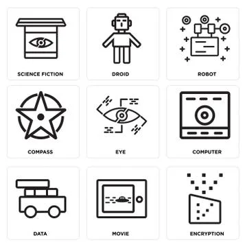 Set Of 9 simple editable icons such as Encryption, Movie, Data Free Stock Illustration