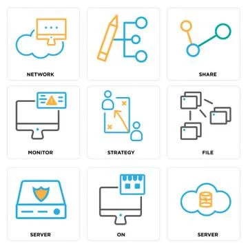 Set Of 9 simple editable icons such as Server, On, Server Free Stock Illustration