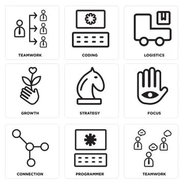 Set Of 9 simple editable icons such as Teamwork, Programmer, Connection Illustrazione stock gratuita