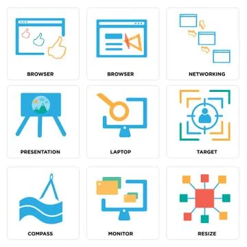 Set Of 9 simple editable icons such as Resize, Monitor, Compass Free Stock Illustration