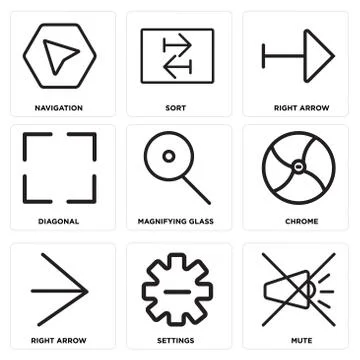 Set Of 9 simple editable icons such as Mute, Settings, Right arrow Free Stock Illustration