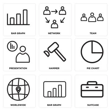 Set Of 9 simple editable icons such as Suitcase, Bar graph, Worldwide Free Stock Illustration