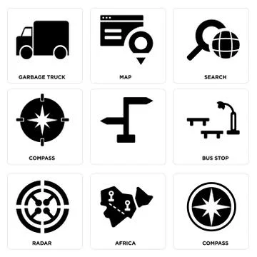 Set Of 9 simple editable icons such as Compass, Africa, Radar Grats Stockgrafik