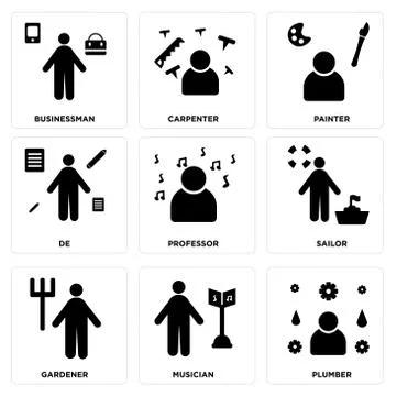 Set Of 9 simple editable icons such as Plumber, Musician, Gardener Free Stock Illustration