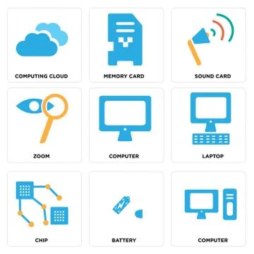 Set Of 9 simple editable icons such as Computer, Battery, Chip 무료 스톡 일러스트
