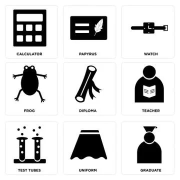 Set Of 9 simple editable icons such as Graduate, Uniform, Test tubes Illustrazione stock gratuita