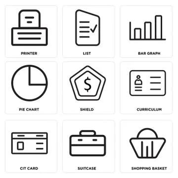 Set Of 9 simple editable icons such as Shopping basket, Suitcase, Cit card Free Stock Illustration