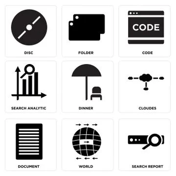 Set Of 9 simple editable icons such as Search report, World, Document Free Stock Illustration