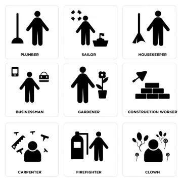 Set Of 9 simple editable icons such as Clown, Firefighter, Carpenter Illustrazione stock gratuita