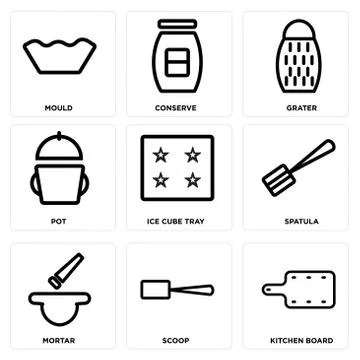 Set Of 9 simple editable icons such as Kitchen board, Scoop, Mortar Free Stock Illustration