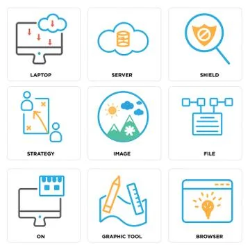 Set Of 9 simple editable icons such as Browser, Graphic tool, On Illustrazione stock gratuita