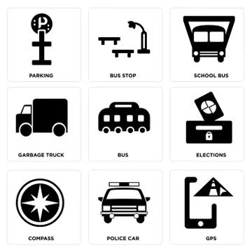 Set Of 9 simple editable icons such as Gps, Police car, Compass 無料イラスト素材