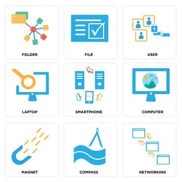 Set Of 9 simple editable icons such as Networking, Compass, Magnet 無料イラスト素材