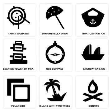 Set Of 9 simple editable icons such as Bonfire, Island with Two Trees, Polaro Free Stock Illustration