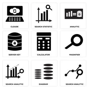Set Of 9 simple editable icons such as Search analytic, Diagram, Search analy 無料イラスト素材