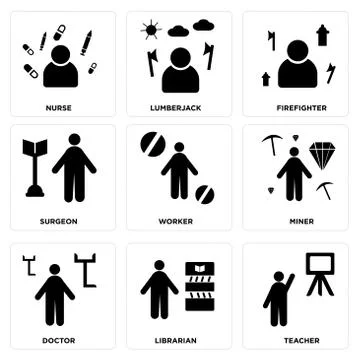 Set Of 9 simple editable icons such as Teacher, Librarian, Doctor Free Stock Illustration