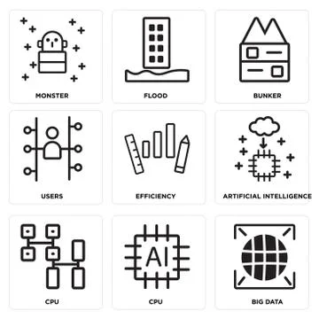 Set Of 9 simple editable icons such as Big data, Cpu, Cpu Free Stock Illustration