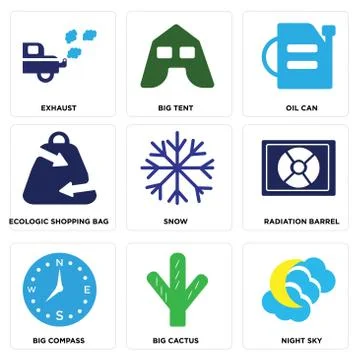 Set Of 9 simple editable icons such as Night Sky, Big Cactus, Big Compass Free Stock Illustration