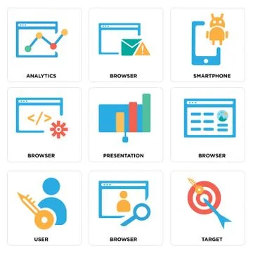 Set Of 9 simple editable icons such as Target, Browser, User Free Stock Illustration