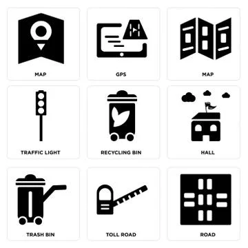Set Of 9 simple editable icons such as Road, Toll road, Trash bin Free Stock Illustration