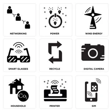 Set Of 9 simple editable icons such as Sim, Printer, Household 免费库存插图