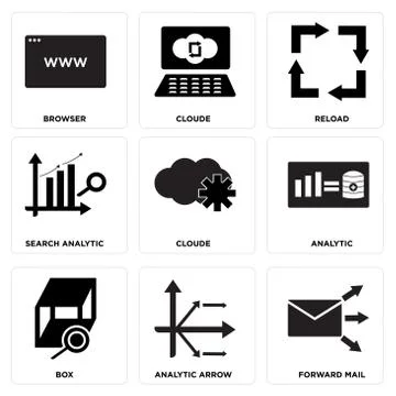 Set Of 9 simple editable icons such as Forward mail, Analytic arrow, Box Free Stock Illustration