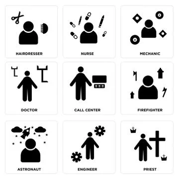 Set Of 9 simple editable icons such as Priest, Engineer, Astronaut Free Stock Illustration