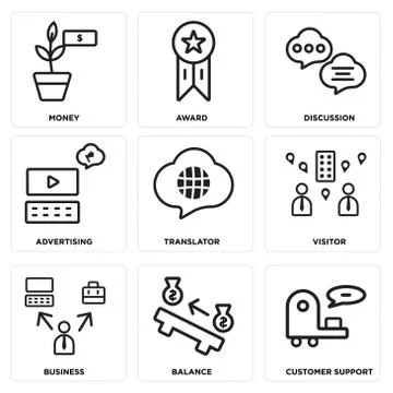 Set Of 9 simple editable icons such as Customer support, Balance, Business Illustrazione stock gratuita