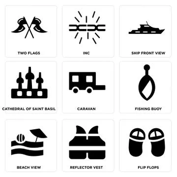 Set Of 9 simple editable icons such as Flip flops, Reflector vest, Beach View Free Stock Illustration