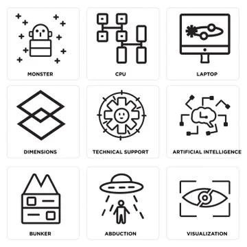 Set Of 9 simple editable icons such as Visualization, Abduction, Bunker Illustrazione stock gratuita