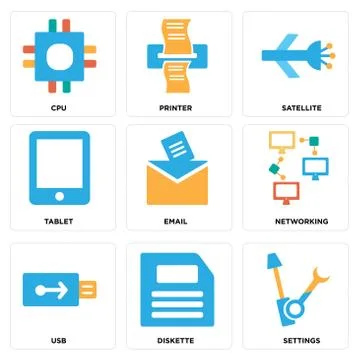 Set Of 9 simple editable icons such as Settings, Diskette, Usb Free Stock Illustration