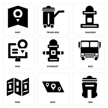 Set Of 9 simple editable icons such as Bin, Map, Map Illustrazione stock gratuita