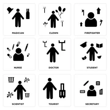 Set Of 9 simple editable icons such as Secretary, Tourist, Scientist Free Stock Illustration