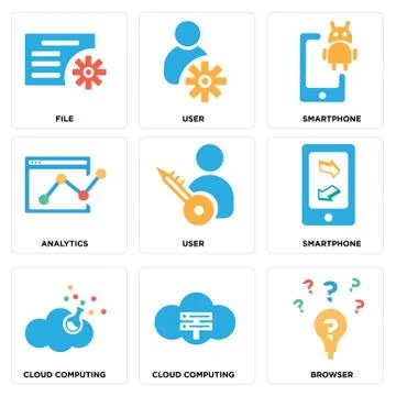 Set Of 9 simple editable icons such as Browser, Cloud computing, Cloud comput 免费库存插图
