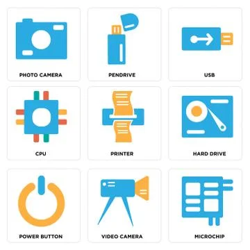 Set Of 9 simple editable icons such as Microchip, Video camera, Power button Illustrazione stock gratuita