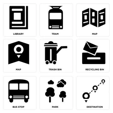Set Of 9 simple editable icons such as Destination, Park, Bus stop Selección de ilustraciones gratis