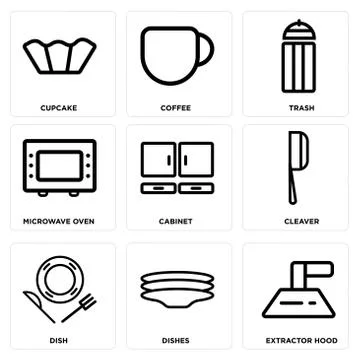 Set Of 9 simple editable icons such as Extractor hood, Dishes, Dish Free Stock Illustration